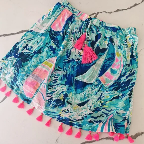 Lilly Pulitzer Style Tropical Tassel Skirt XS – Turquoise Pink Print Resort Beac - Picture 3 of 8